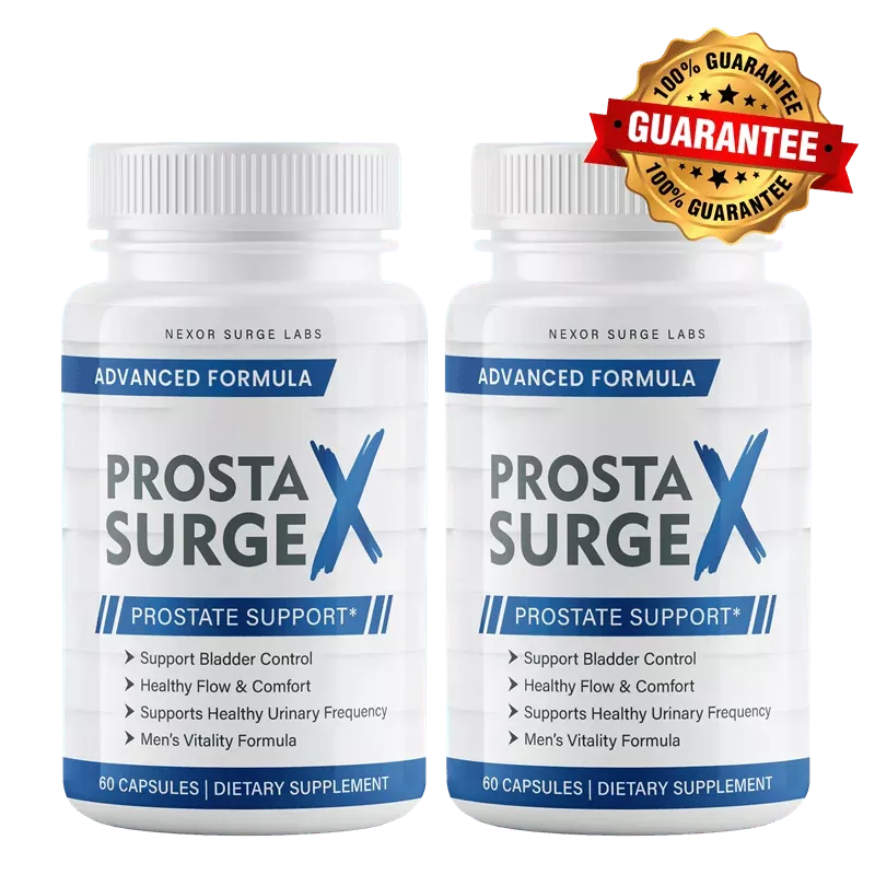 Two bottles of ProstaSurge X with 180-day guarantee badge