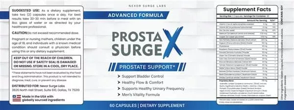 ProstaSurge X supplement facts label, full ingredient list and dosages